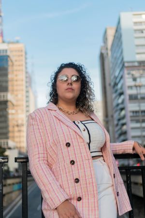 Lady in pinkish blazer for job interview