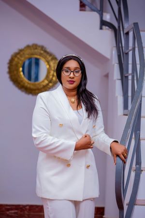 Lady in white elegant suit with accessories