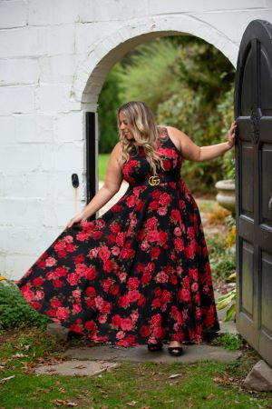 Fashionista in floral flared maxi dress.